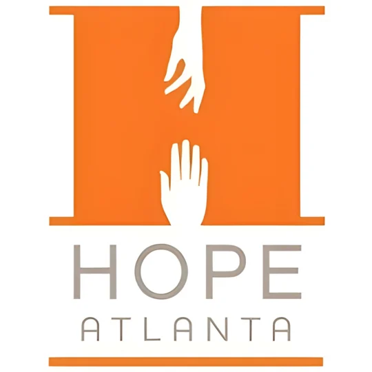 Orange logo with two stylized hands reaching toward each other above the words “HOPE ATLANTA” in gray letters.