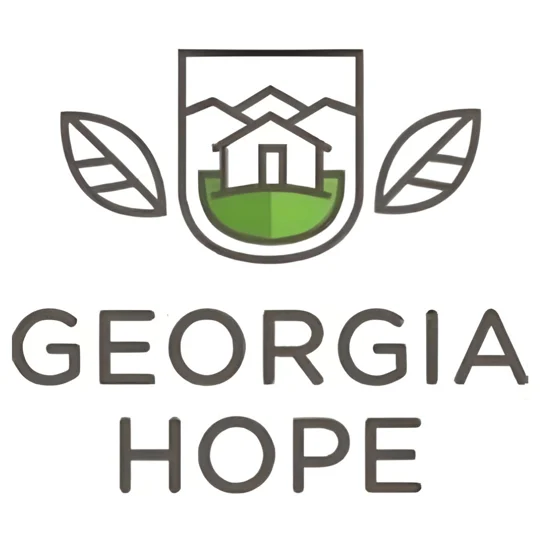 Logo with a house, two leaves, and mountains above the words “GEORGIA HOPE” in bold lettering.