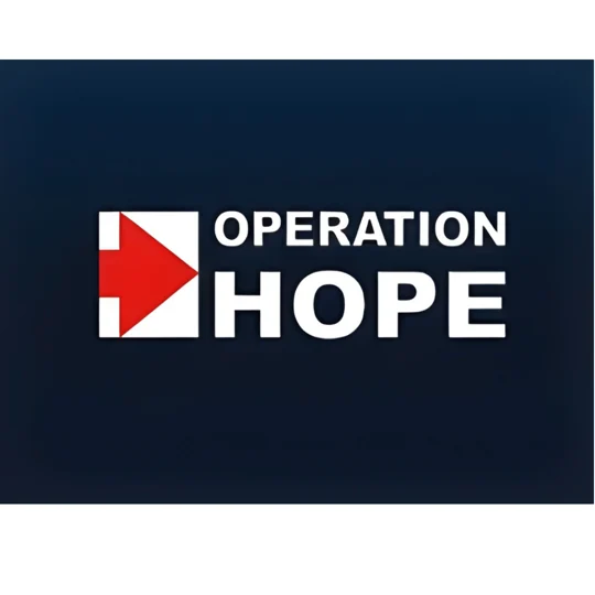 Operation HOPE logo with a red right-facing arrow inside a white square to the left of the words “OPERATION HOPE” on a dark blue background.