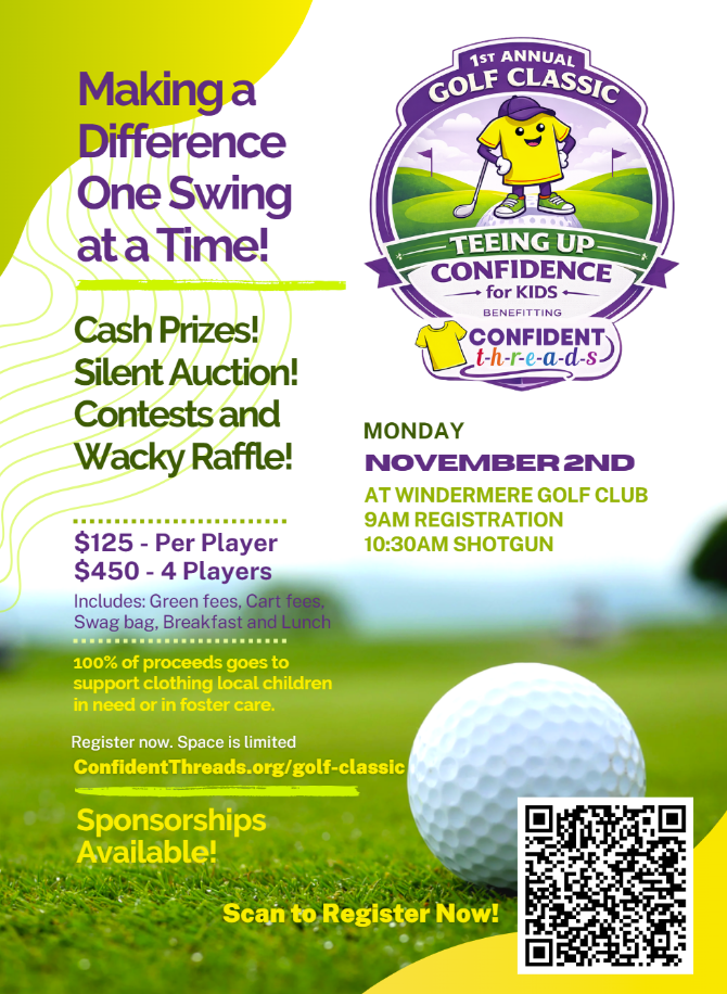 Flyer for a charity golf event on November 2nd at Windermere Golf Club, detailing registration info, entry fees, activities, and sponsorship opportunities.