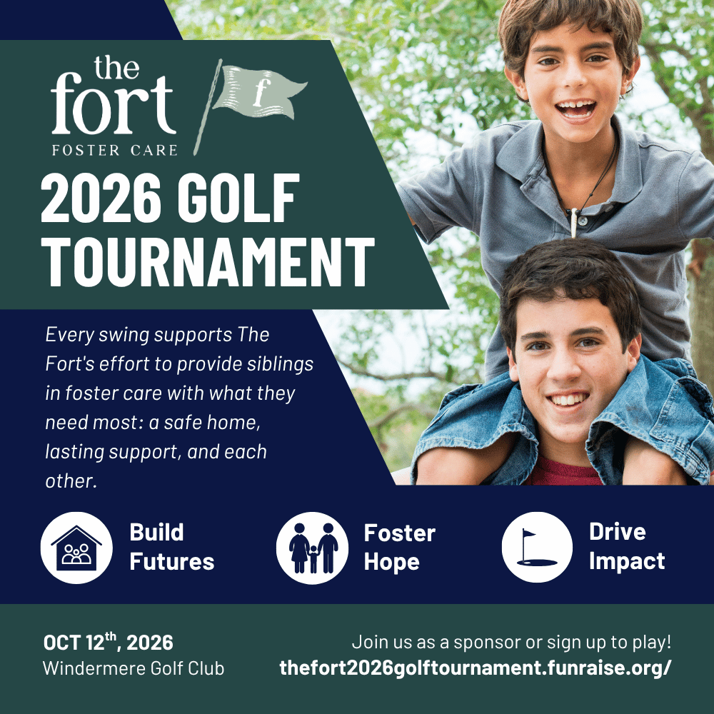 Two smiling boys are pictured above event details for The Fort Foster Care 2026 Golf Tournament, promoting support for siblings in foster care. Event is on October 12, 2026, at Windermere Golf Club.