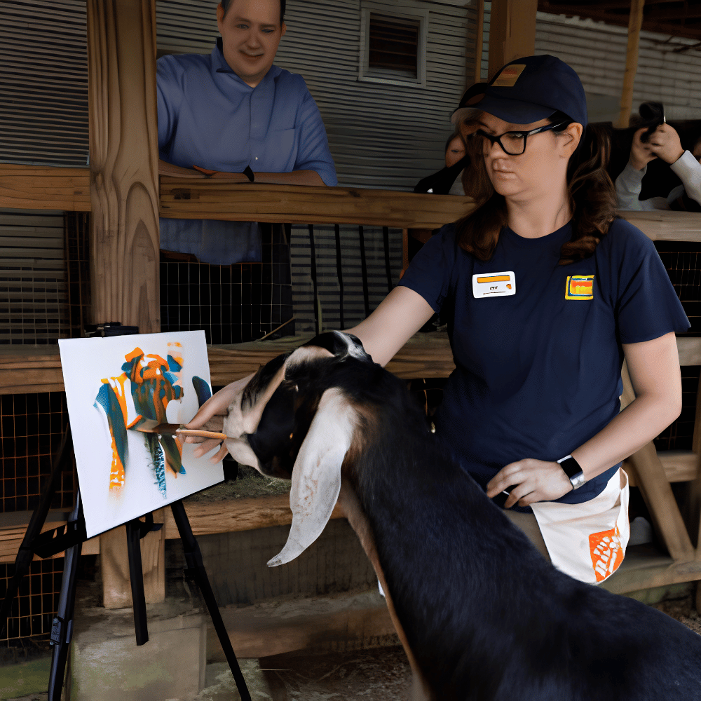 A goat paints on a canvas with its mouth, guided by a woman in uniform, as people watch from behind a wooden fence.