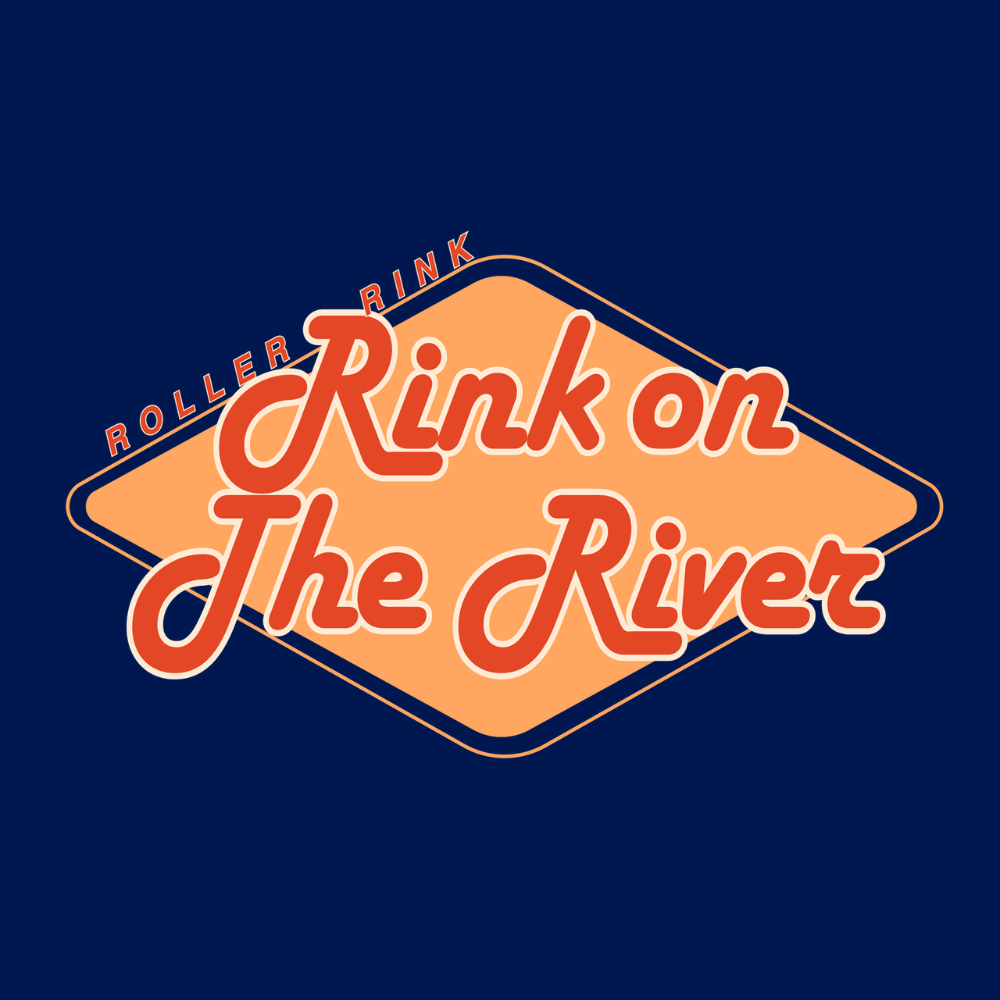 Logo with orange diamond shape and text: “Roller Rink Rink on The River” in cursive font, on a dark blue background.