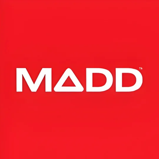 MADD logo with white letters on a red background; the first “A” is represented by a white triangle.