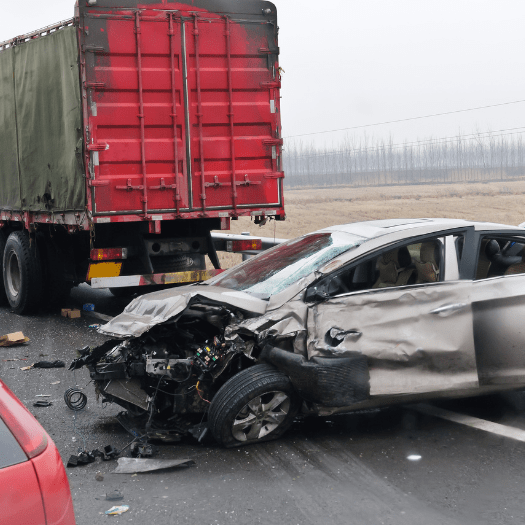 A silver car with severe front-end damage is crashed into the rear of a large red truck on a wet highway.