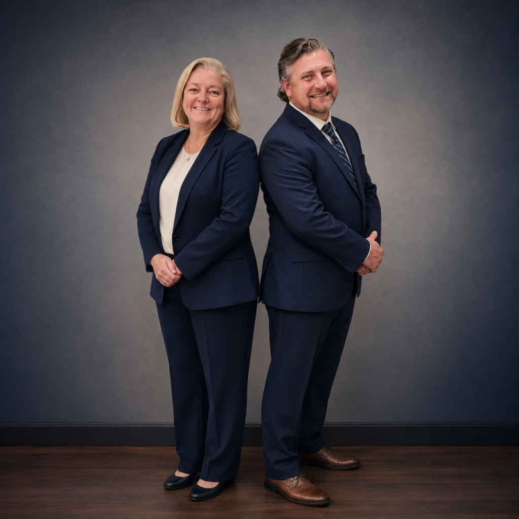 Two people in navy suits stand back-to-back, facing the camera and smiling, against a gray studio backdrop on a wooden floor.