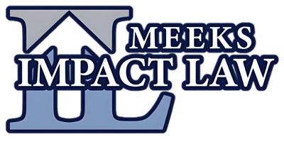 The Meeks Impact Law logo features large blue initials “IL” with the firm name in bold, dark blue text overlaying the design.