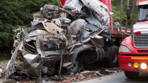A heavily damaged semi-truck involved in a collision, with debris scattered around and another red truck visible nearby.