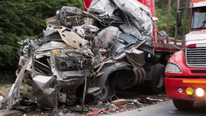 A heavily damaged semi-truck involved in a collision, with debris scattered around and another red truck visible nearby.