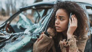 A woman with curly hair calls for help next to a heavily damaged car with shattered windows.