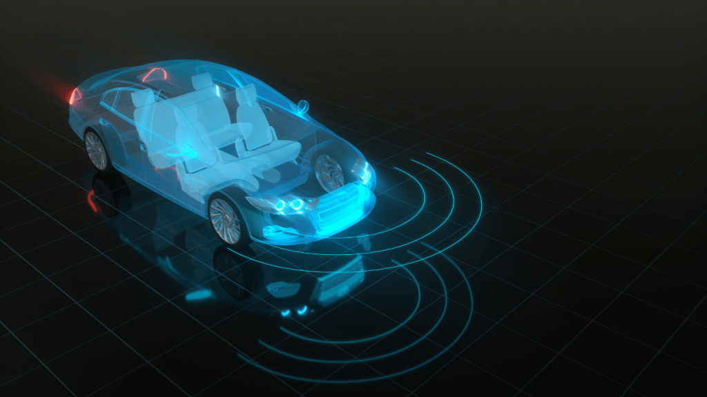 Transparent car with visible interior, illuminated in blue, emits digital radar waves from the front, representing autonomous or sensor-based vehicle technology on a black grid background.