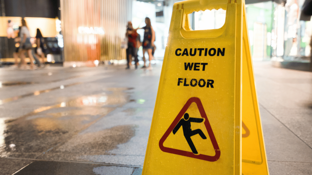 A yellow “Caution Wet Floor” sign stands on a shiny indoor surface with wet patches, while people walk in the blurred background.