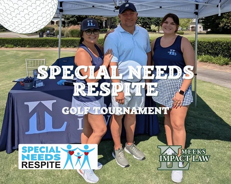 Three people pose in front of a table and tent at a golf course for the Special Needs Respite Golf Tournament, with logos for Special Needs Respite and Meeks Impact Law visible.