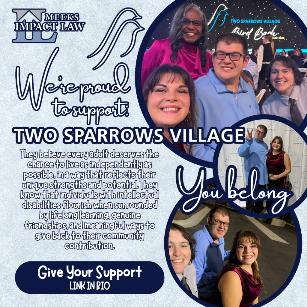 Four people are smiling at a social event for Two Sparrows Village, with supportive text and a “Give Your Support” call to action displayed.