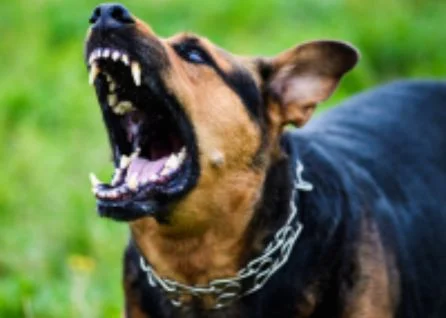 A large dog with a chain collar is barking or growling outdoors, showing its teeth and open mouth against a blurred green background.