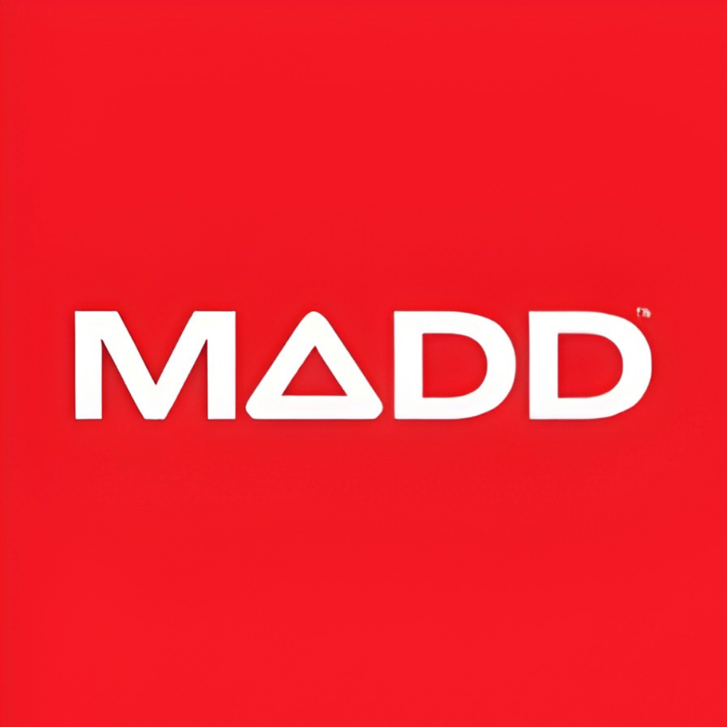 White text reading “MADD” with a triangle replacing the “A,” centered on a solid red background.