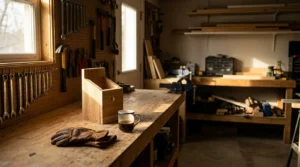 woodworking workshop workbench with hand tools, work gloves, and coffee mug