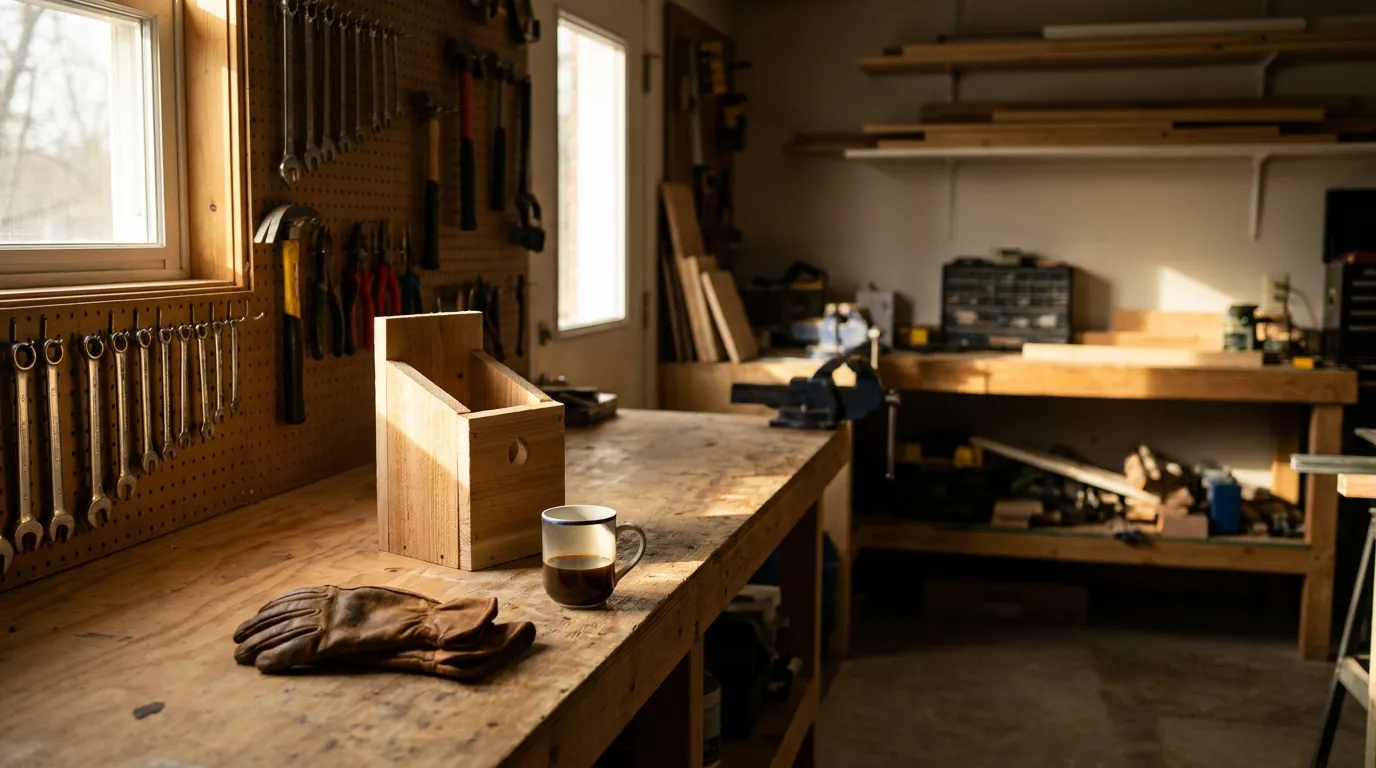 woodworking workshop workbench with hand tools, work gloves, and coffee mug