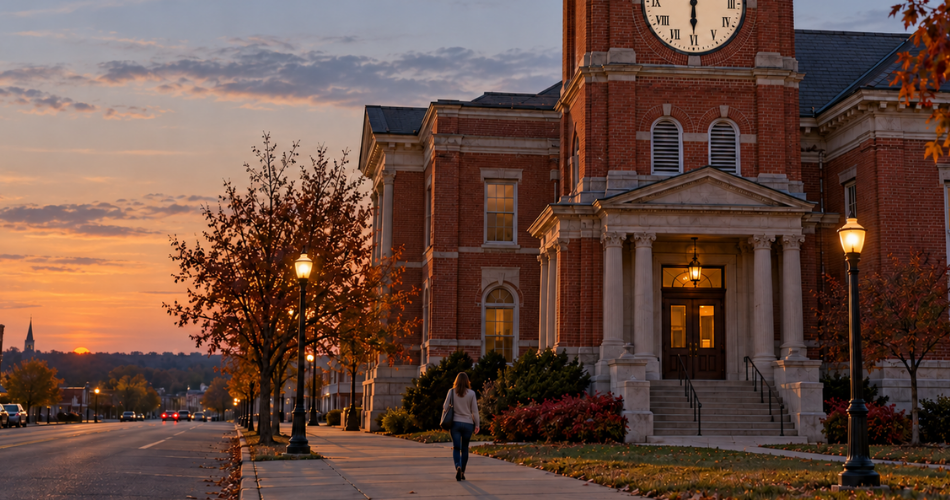 Courthouse clock tower at sunset with woman walking toward entrance steps